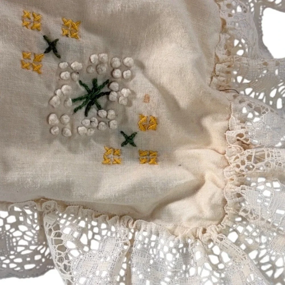 Vintage Handmade Embroidered Floral Lace Trim Throw Pillow Cottagecore Cream